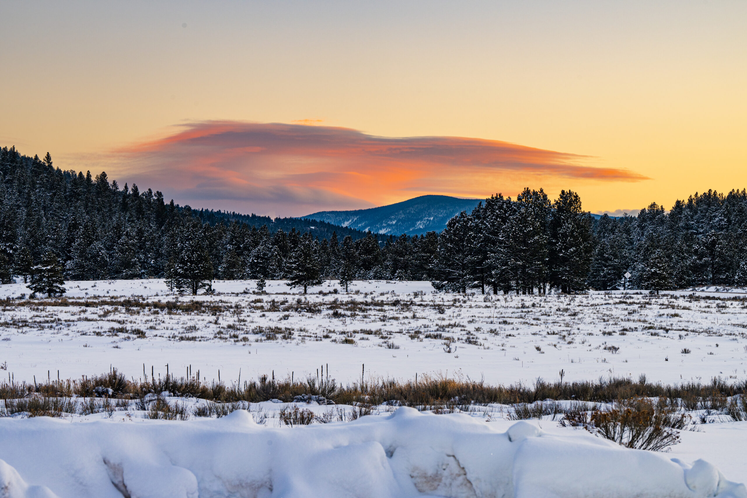 Sunrise in Angel Fire, New Mexico over the mountains.